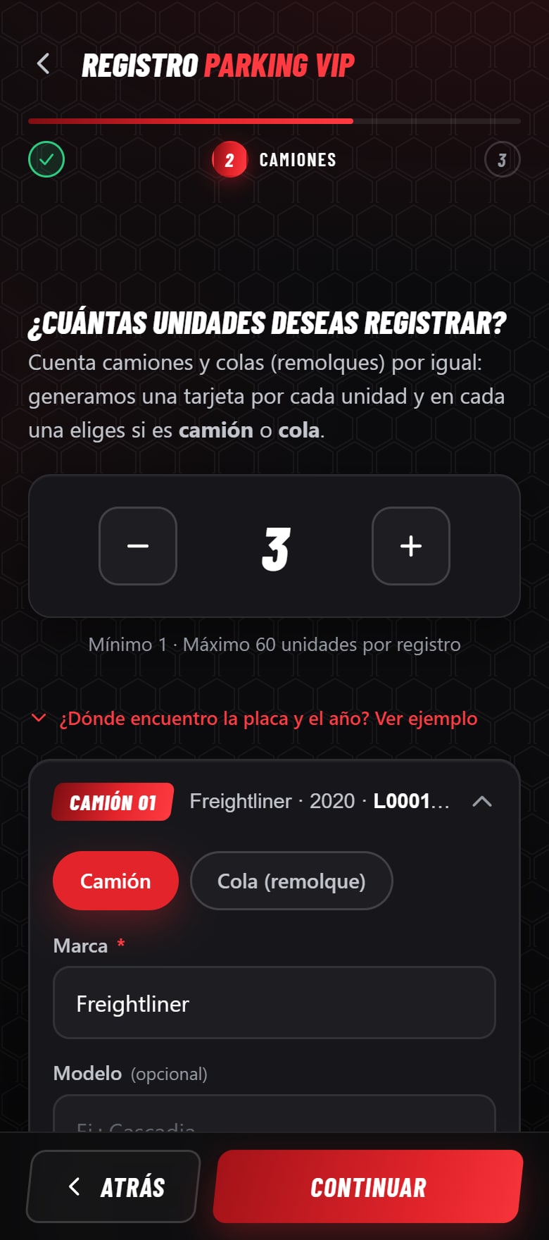 Formulario de registro de Parking VIP